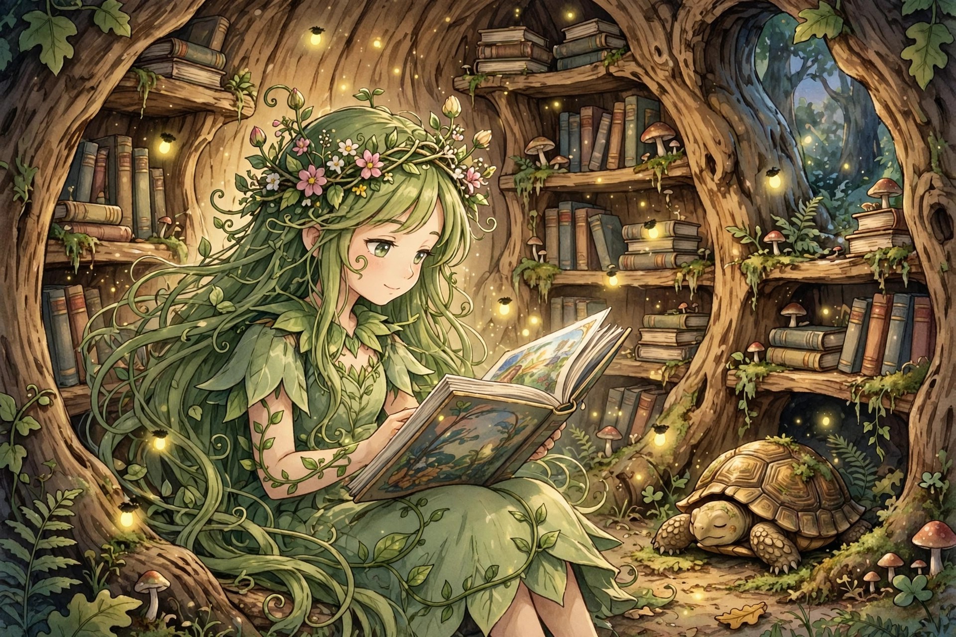 AI-generated illustration of Rosie Bloom reading inside the Old Oak's trunk library