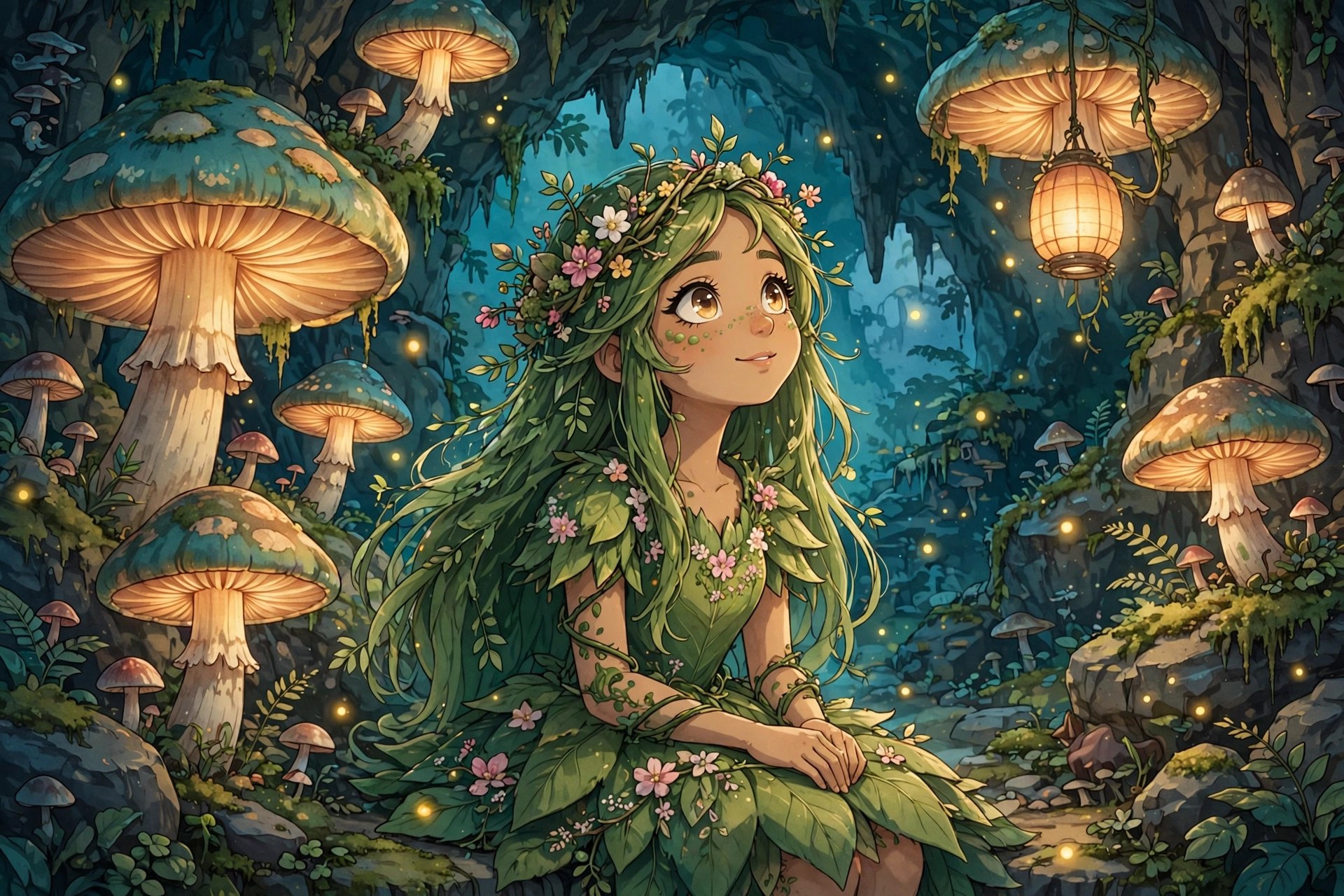 AI-generated illustration of Rosie Bloom among glowing mushroom lanterns at dusk