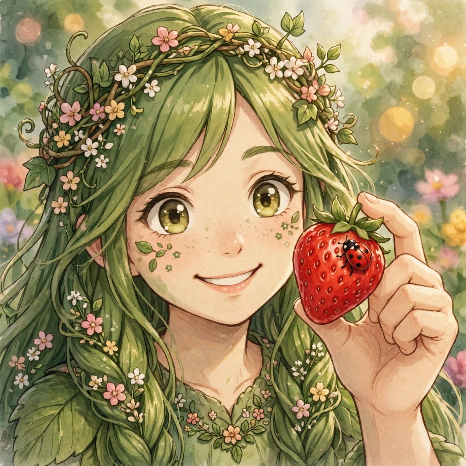 AI-generated close-up of Rosie Bloom smiling and holding a ripe strawberry