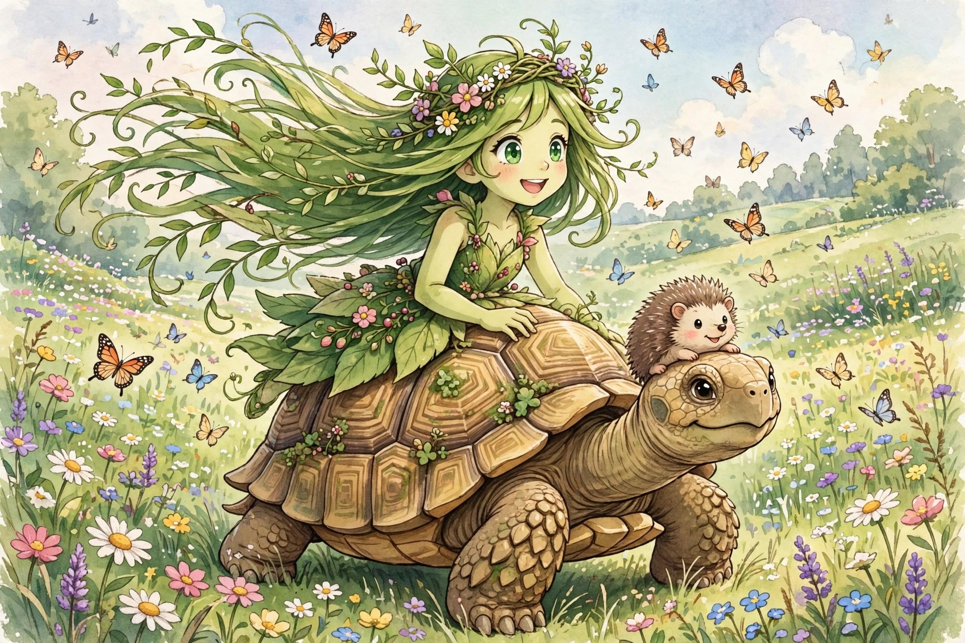 AI-generated illustration of Rosie Bloom riding a giant tortoise through a meadow