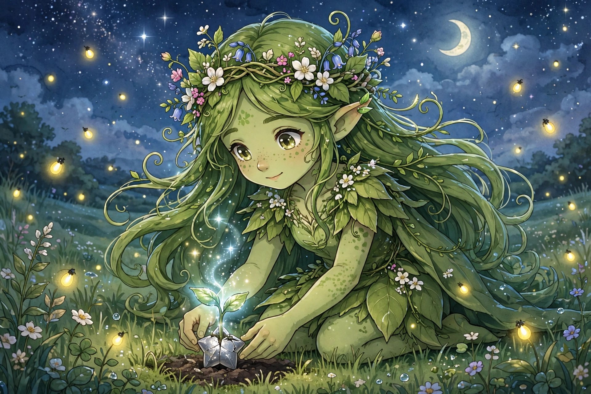AI-generated illustration of Rosie Bloom planting a glowing star seed at night