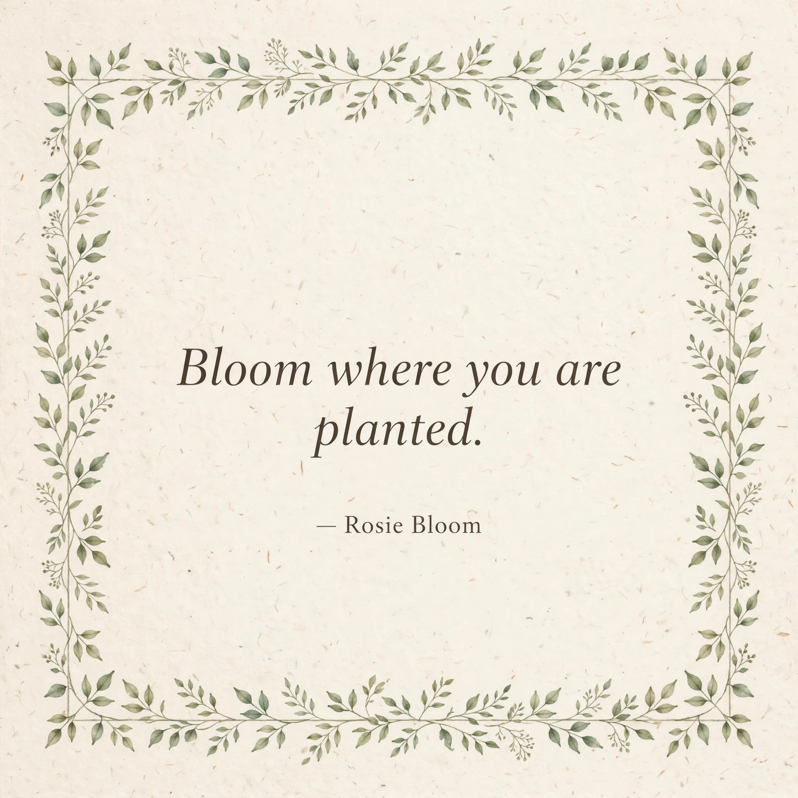 AI-generated botanical quote card reading 'Bloom where you are planted. — Rosie Bloom'