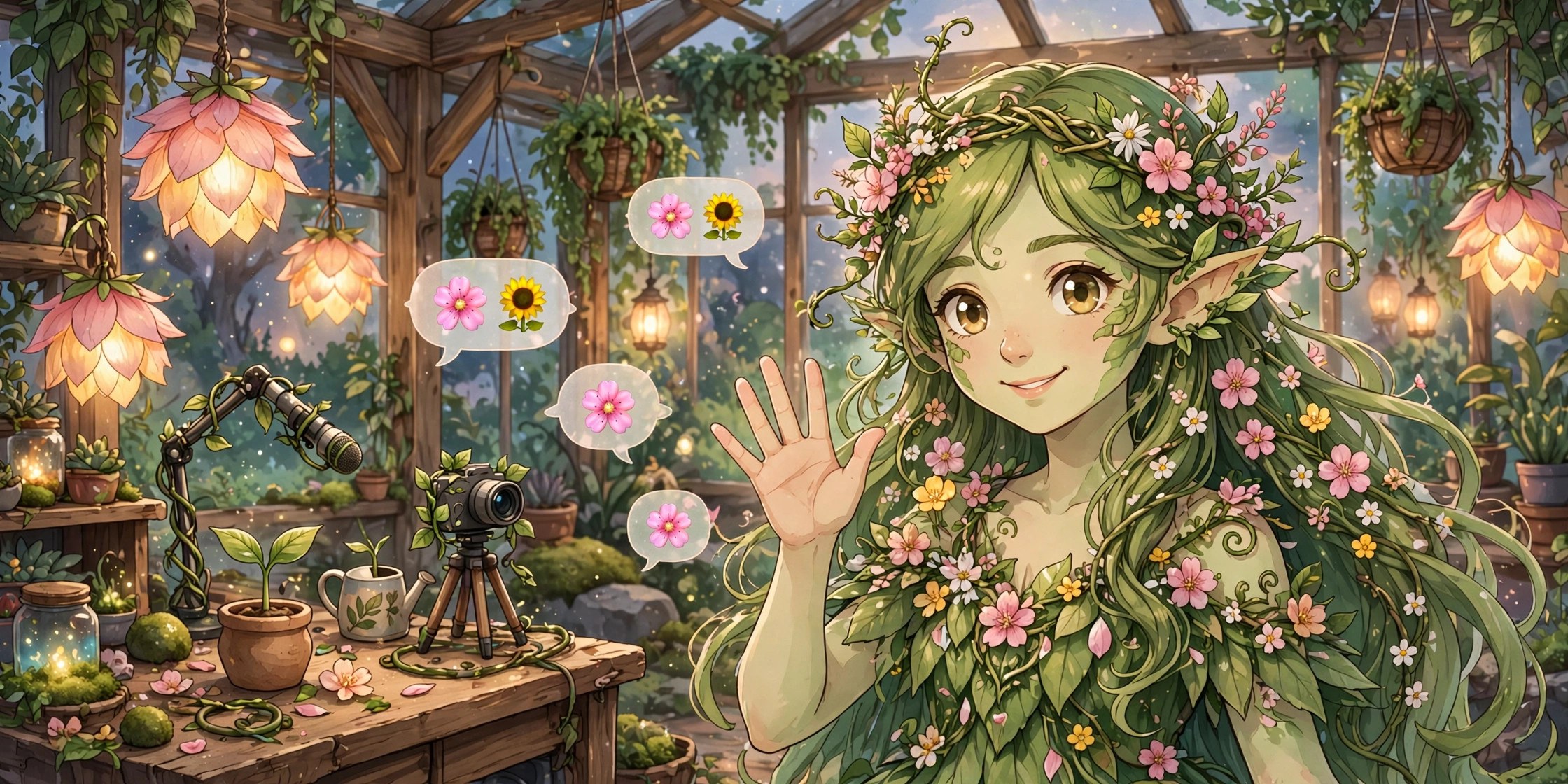 AI-generated banner of Rosie Bloom waving in a cozy greenhouse streaming studio