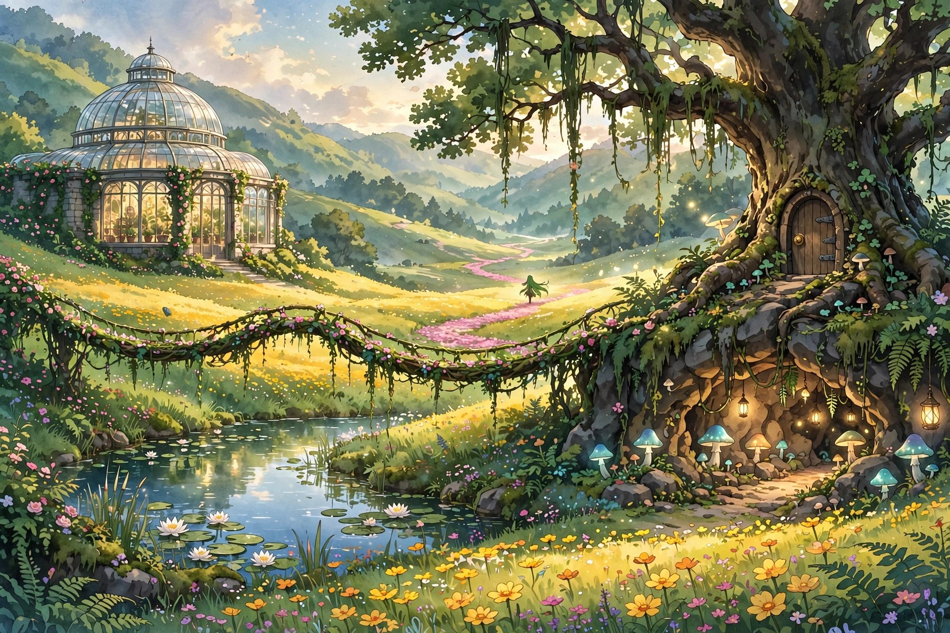 AI-generated wide landscape of Verdant Hollow, a magical greenhouse valley