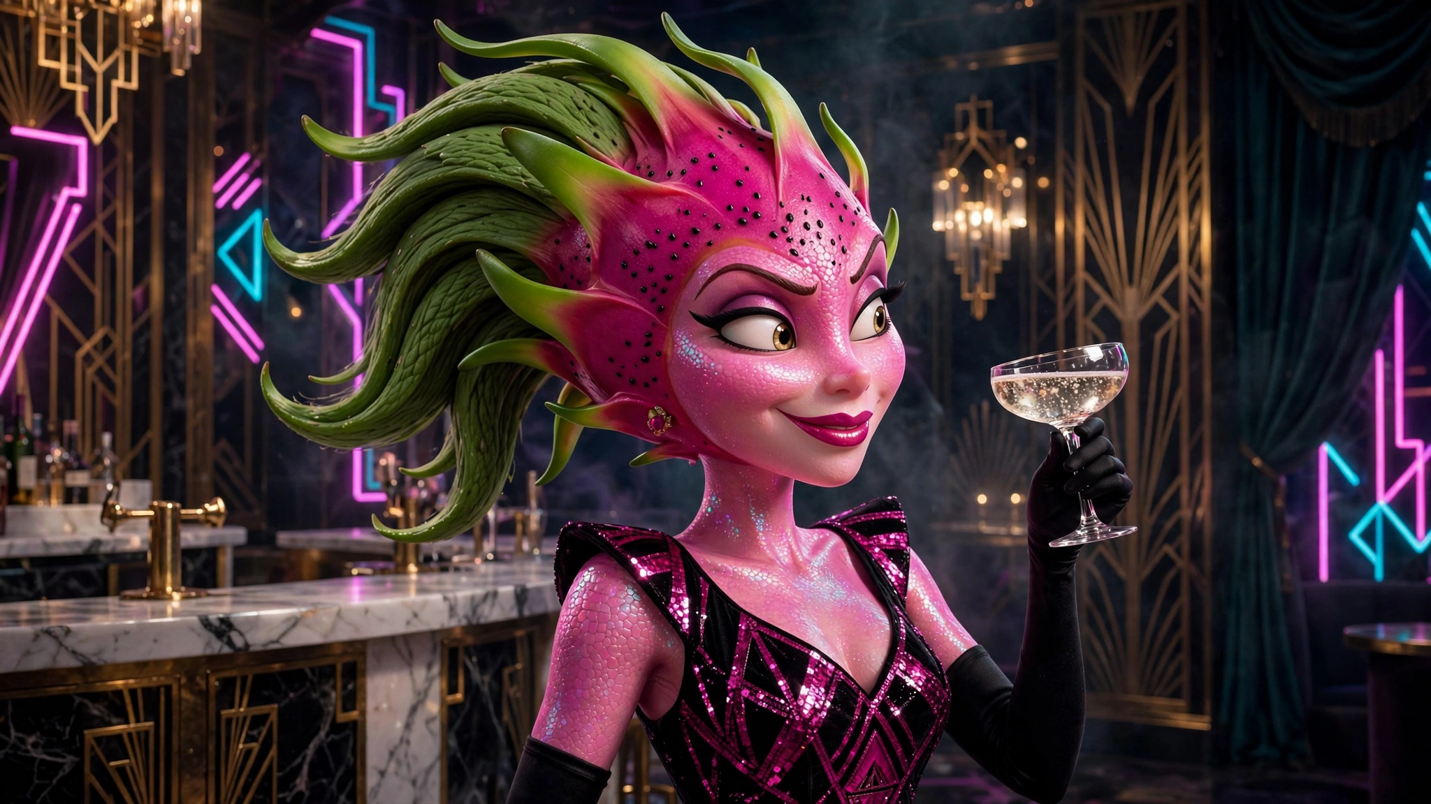 AI-generated dramatization art: Roxa Pitaya, a glamorous dragon-fruit socialite in a black sequined evening gown, holding a champagne coupe in a neon art-deco nightclub