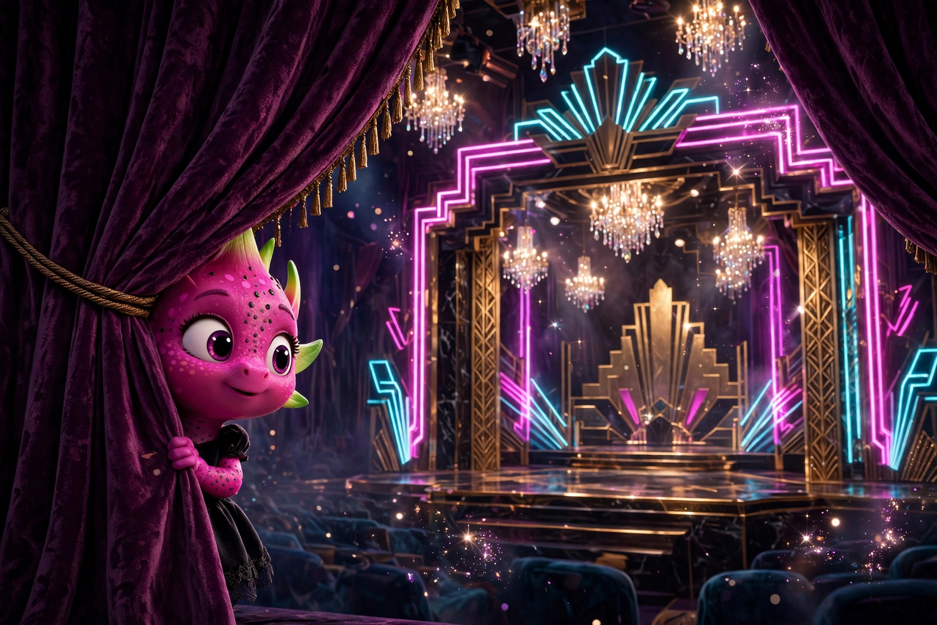 AI-generated dramatization art: young Roxa as a small dragon-fruit girl in a miniature black dress, peeking from behind a velvet theater curtain at a grand nightclub