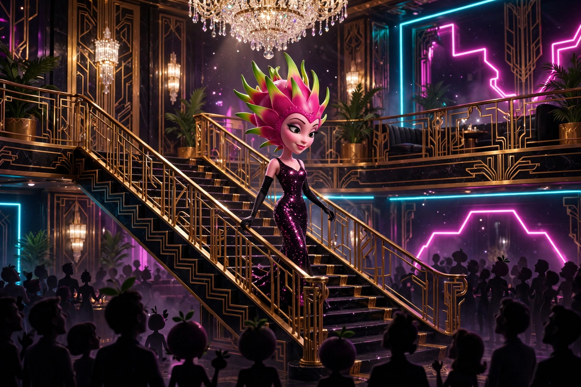 AI-generated dramatization art: Roxa descending a grand art-deco nightclub staircase under a chandelier, crowd watching in awe