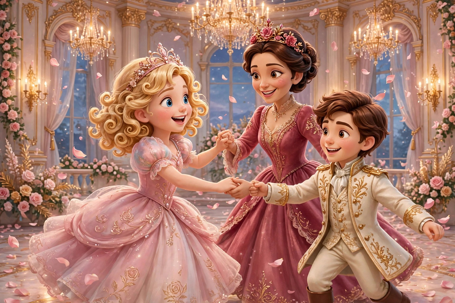 AI-generated storybook illustration of Katy dancing with royal friends at a ball