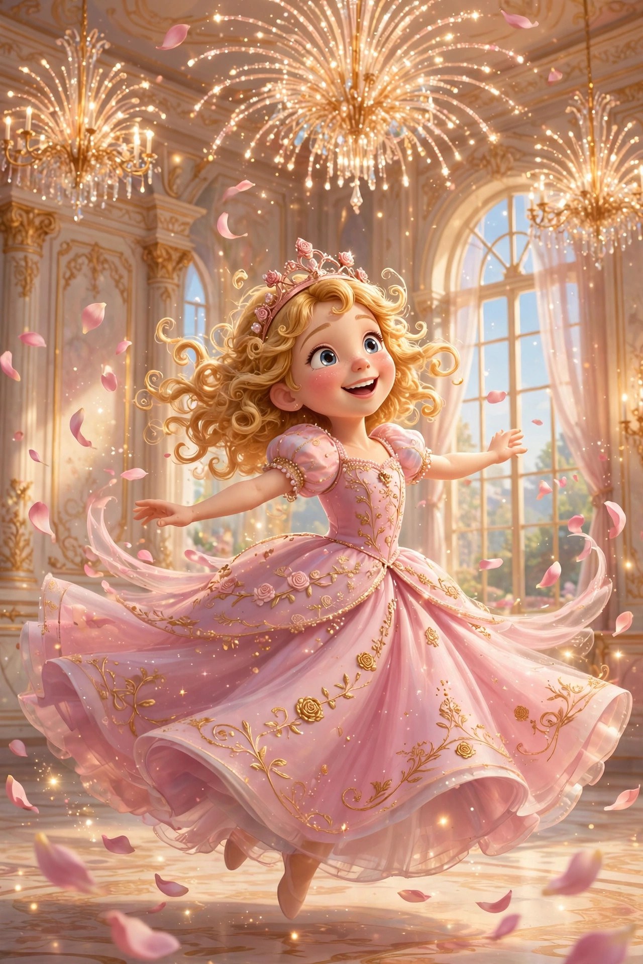 AI-generated storybook illustration of Katy twirling at the grand ball