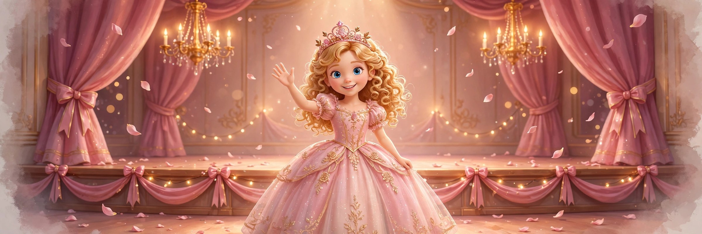 AI-generated storybook illustration of Katy on a ribbon-draped stage, ready to stream