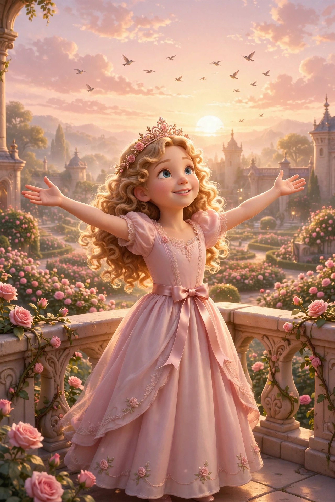 AI-generated storybook illustration of Katy beginning her morning on the palace balcony