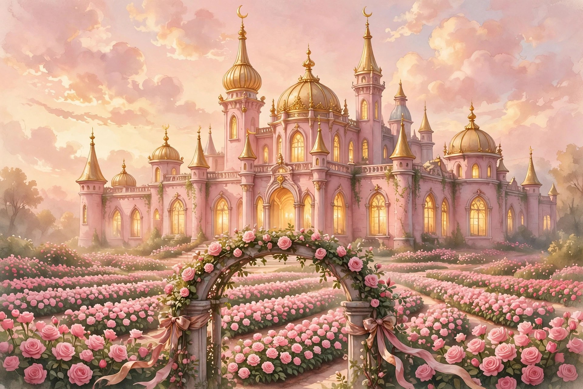 AI-generated storybook illustration of the Rosewater Palace at golden hour