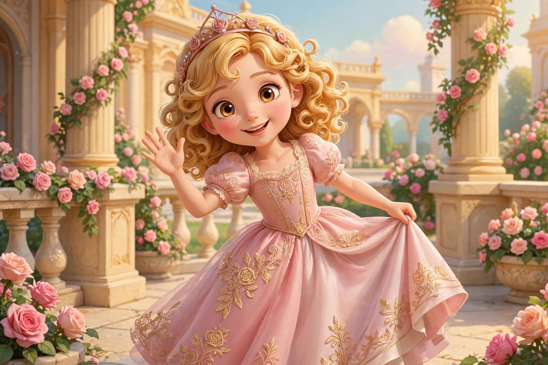 AI-generated illustration of Katy waving hello in a pastel rose gown