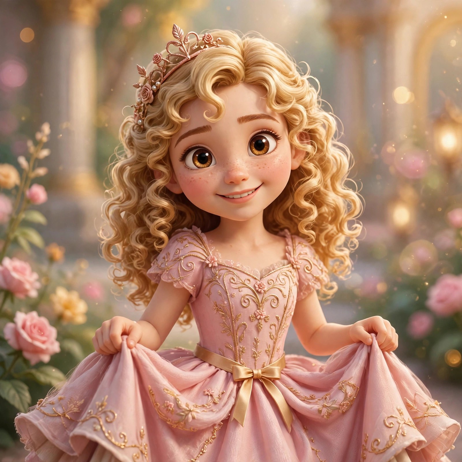 AI-generated storybook portrait of Katy, the Royals character, in a rose gown and rose-gold tiara