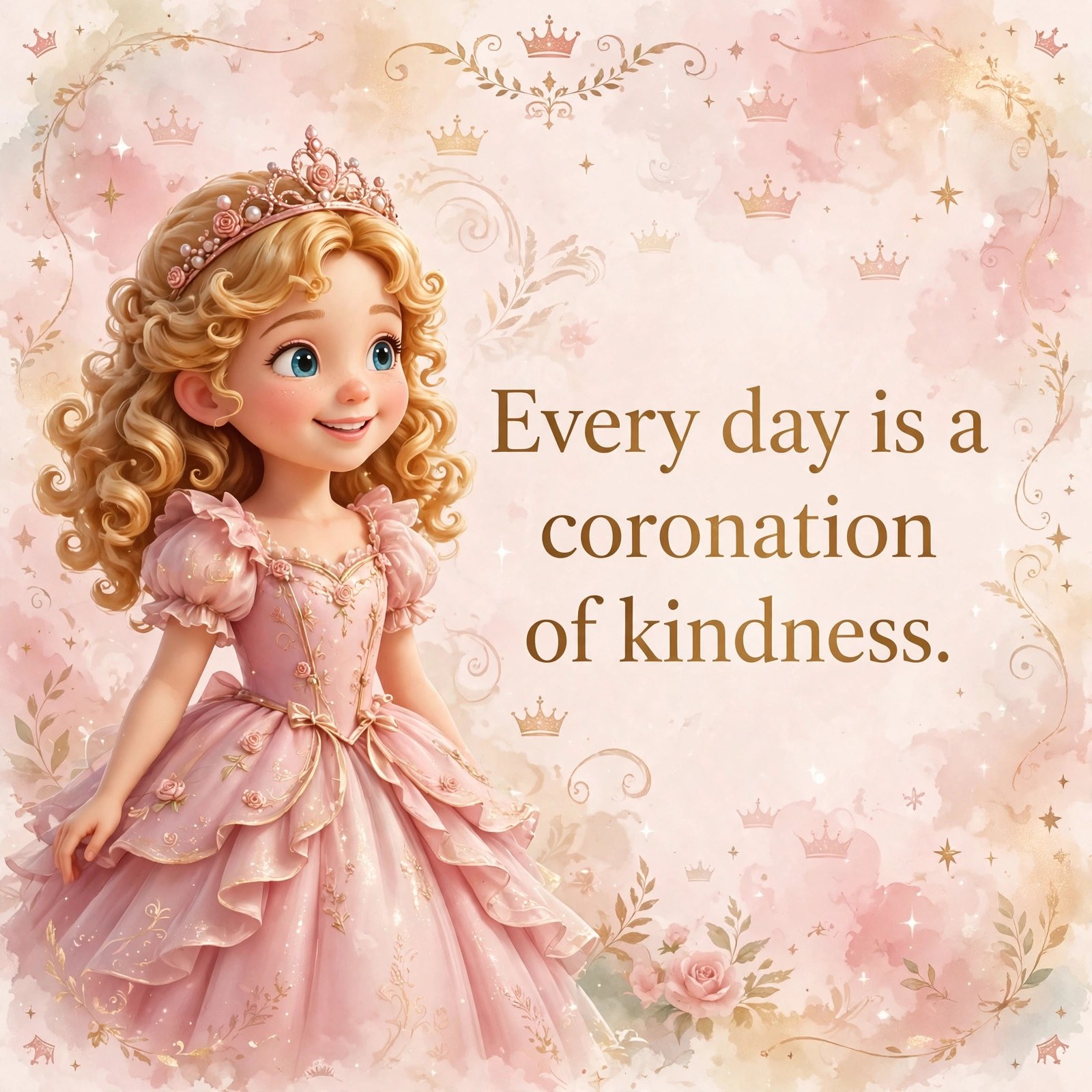 AI-generated storybook quote card: Katy beside the line ‘Every day is a coronation of kindness.’