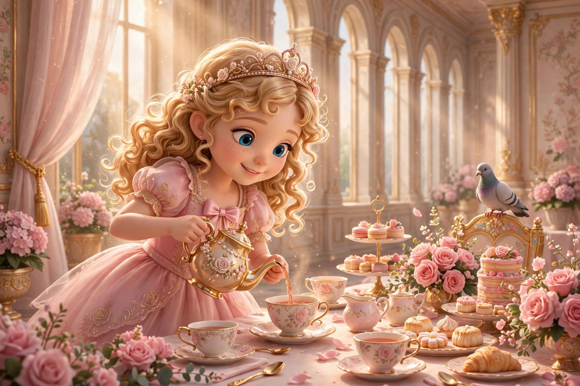 AI-generated storybook illustration of Katy hosting a palace tea party