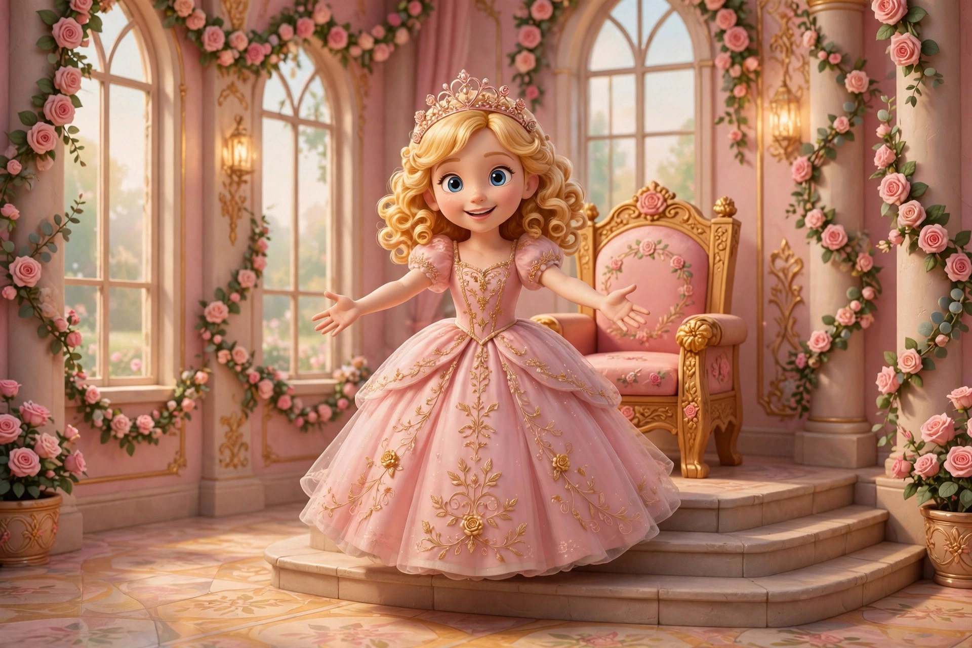 AI-generated storybook illustration of Katy in the rose-and-gold throne room