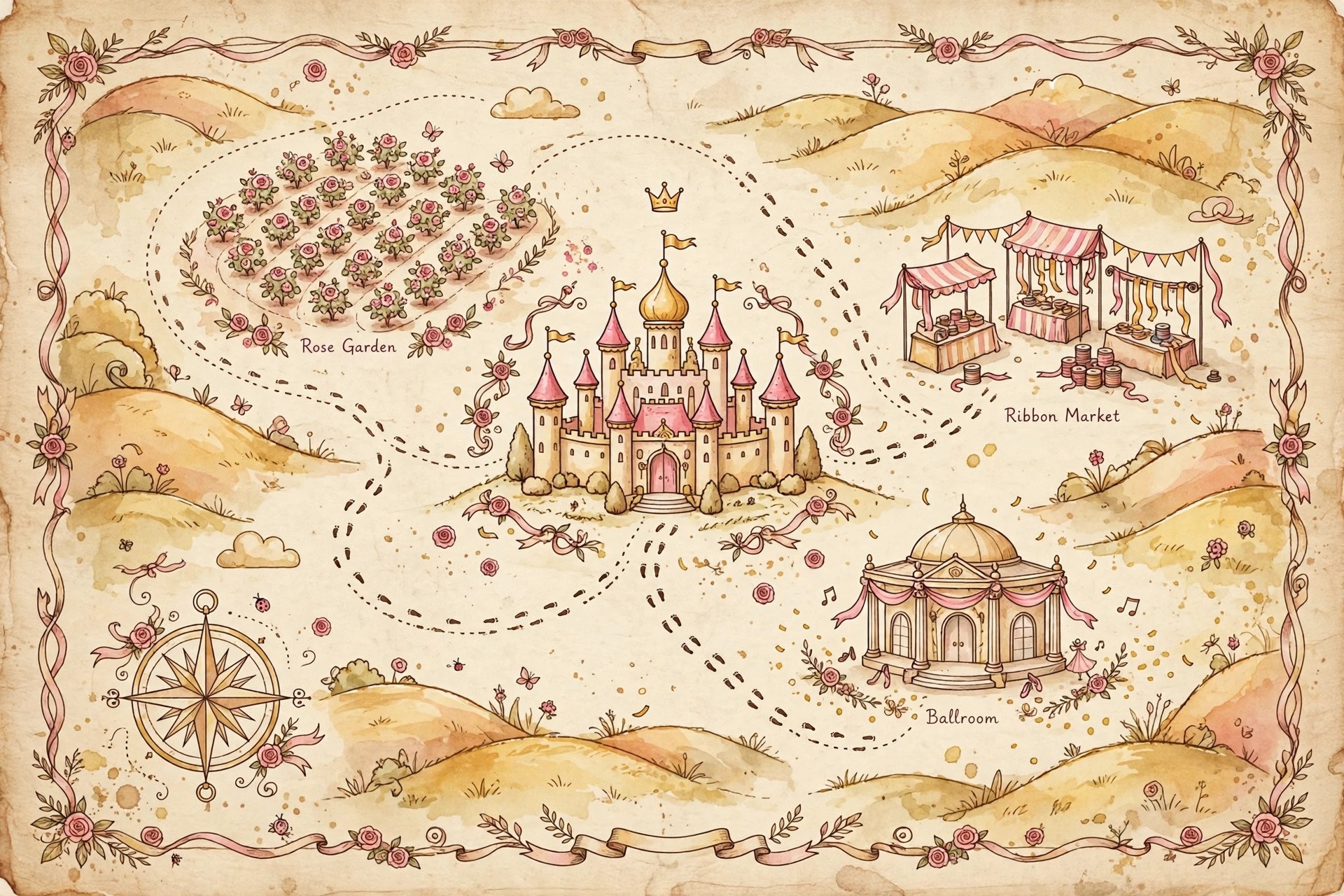 AI-generated storybook map of the Royals world, with the Rosewater Palace at its heart