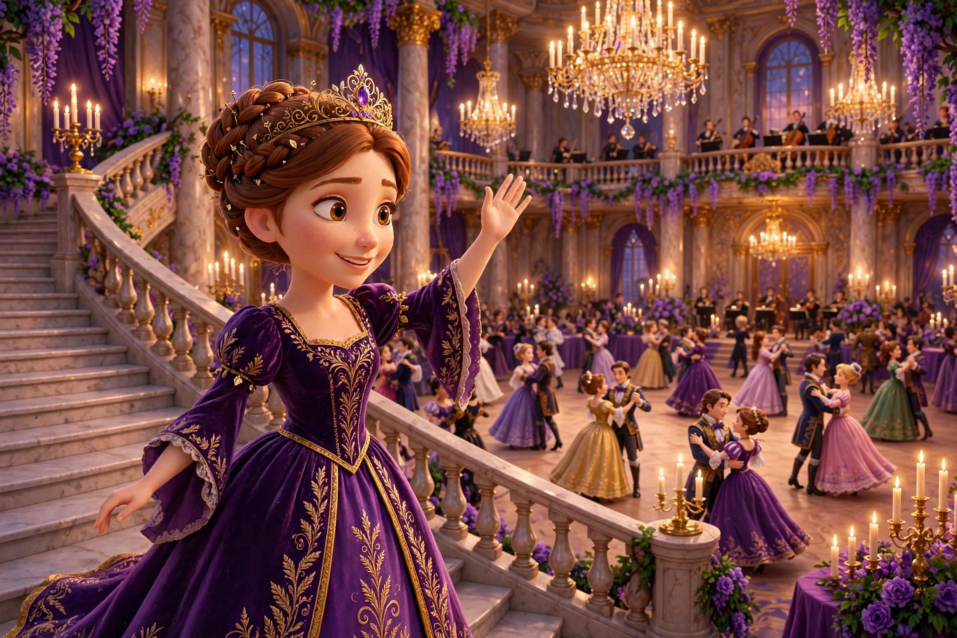 AI-generated storybook illustration of the grand ballroom during a royal ball