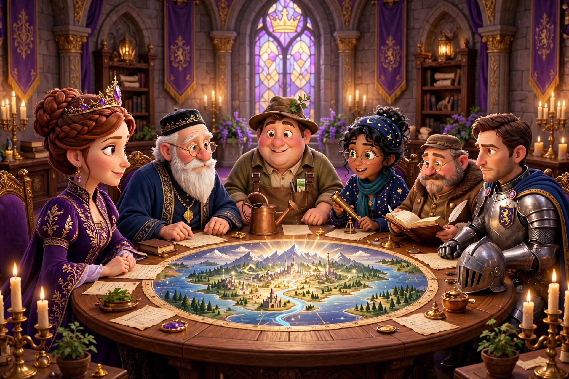 AI-generated storybook illustration of the queen in council with her five counselors