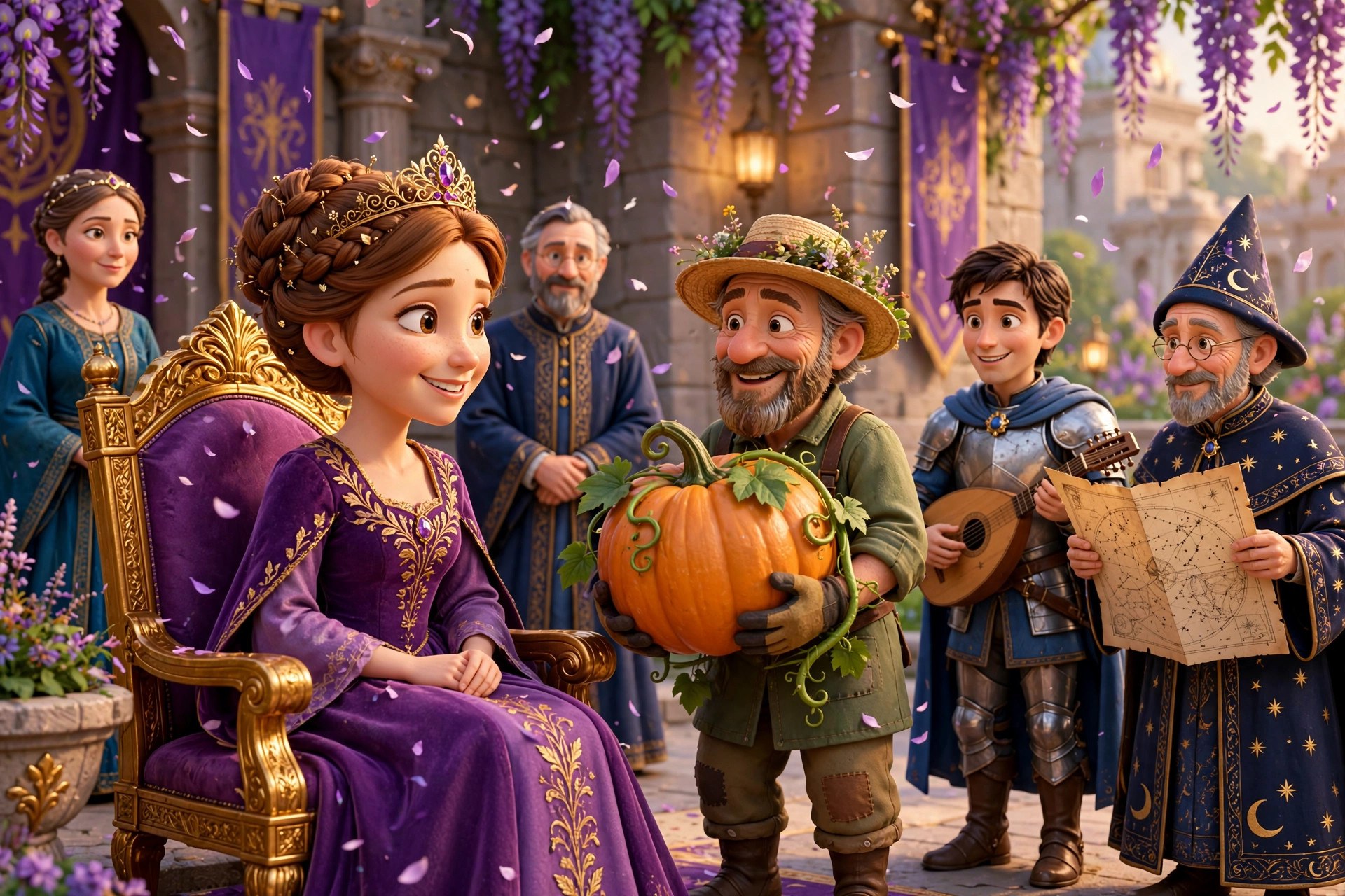 AI-generated storybook illustration of the queen receiving visitors, counselors flanking her
