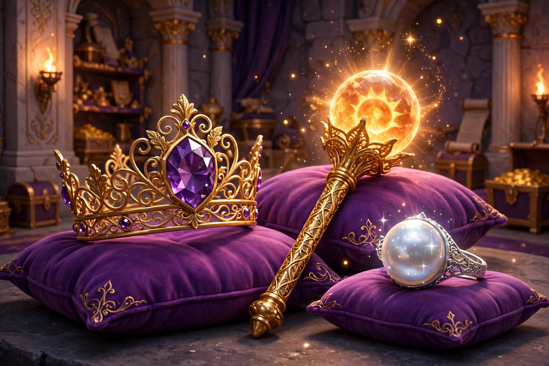 AI-generated storybook illustration of the crown jewels on velvet cushions: crown, scepter, and ring