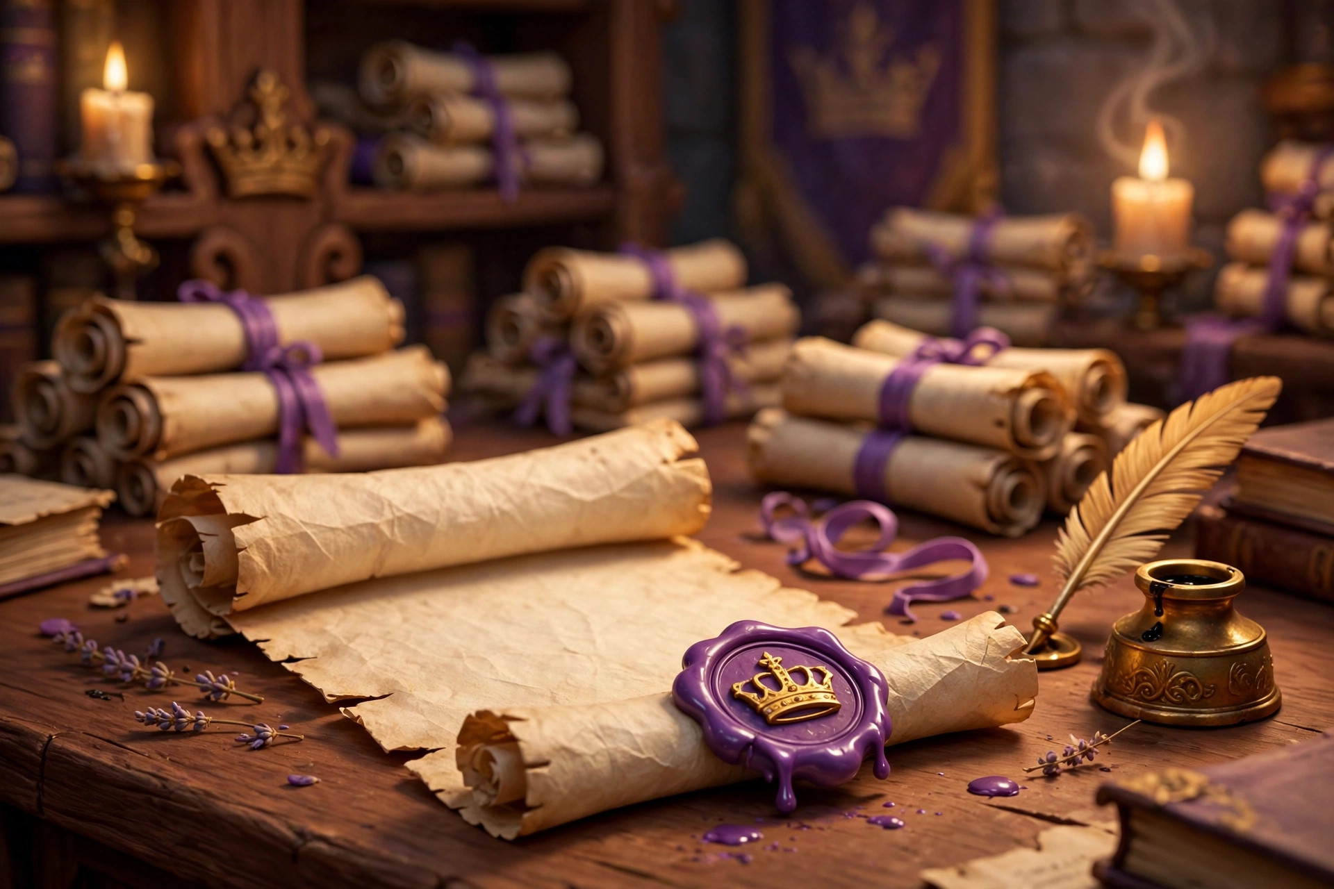 AI-generated storybook illustration of a royal decree scroll with a purple wax seal