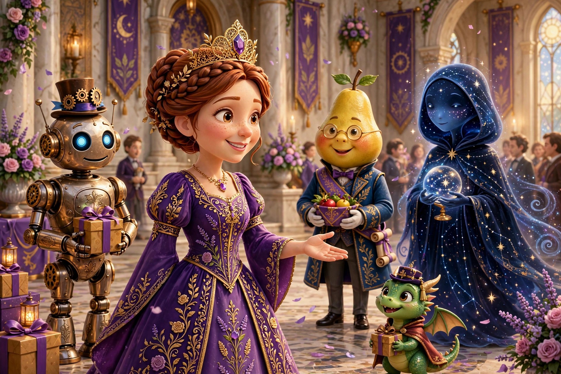 AI-generated storybook illustration of the queen greeting envoys from other Vizlings worlds