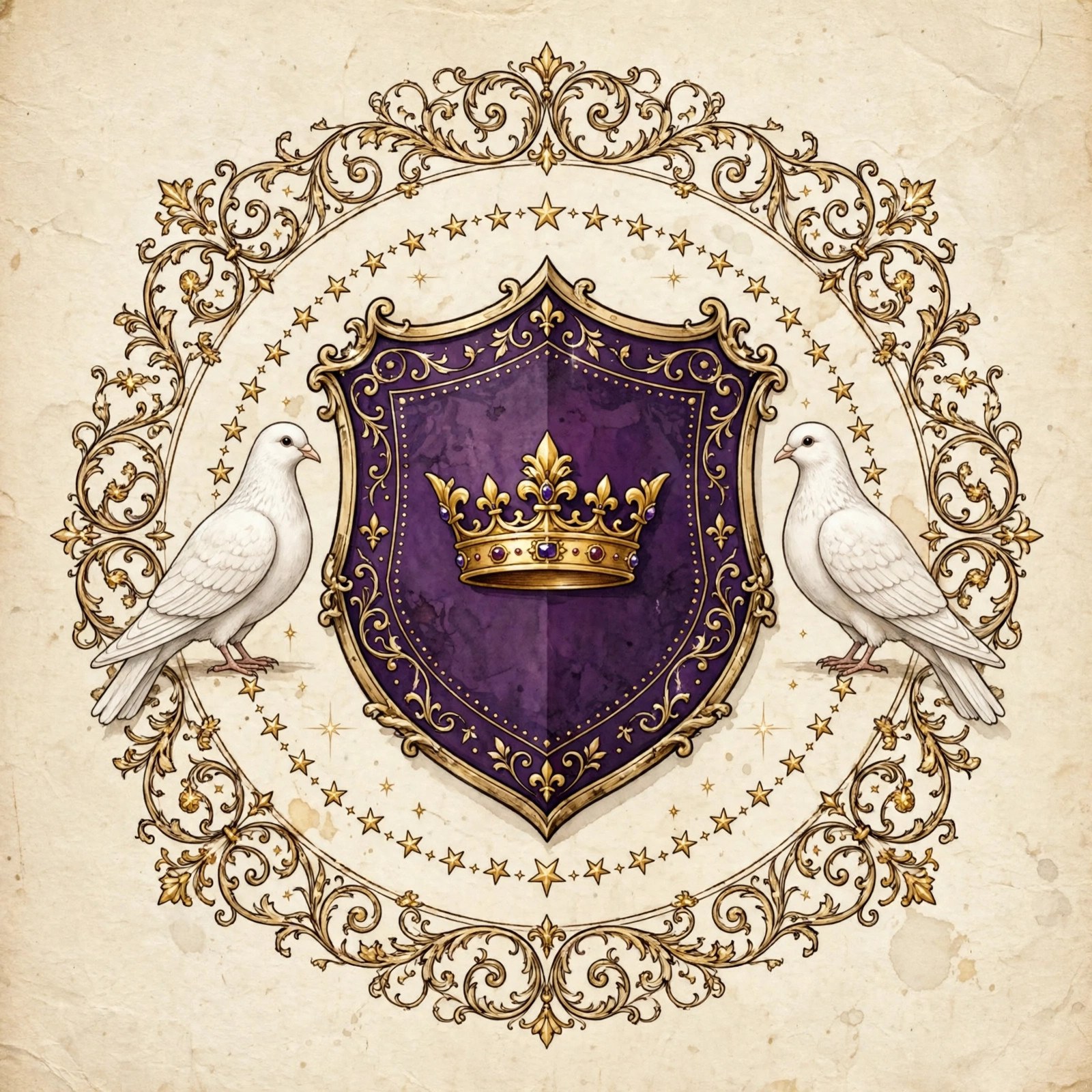 AI-generated heraldic motif of a golden crown on a purple shield