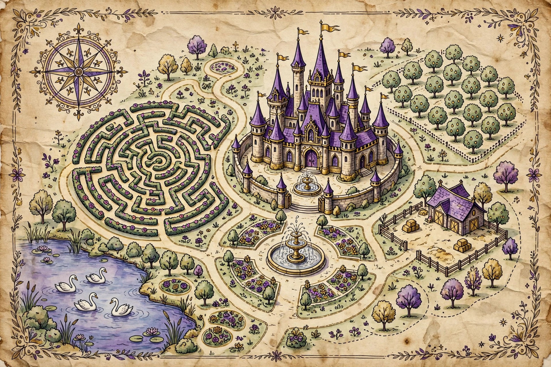 AI-generated storybook illustrated map of the royal palace and grounds (text-free)
