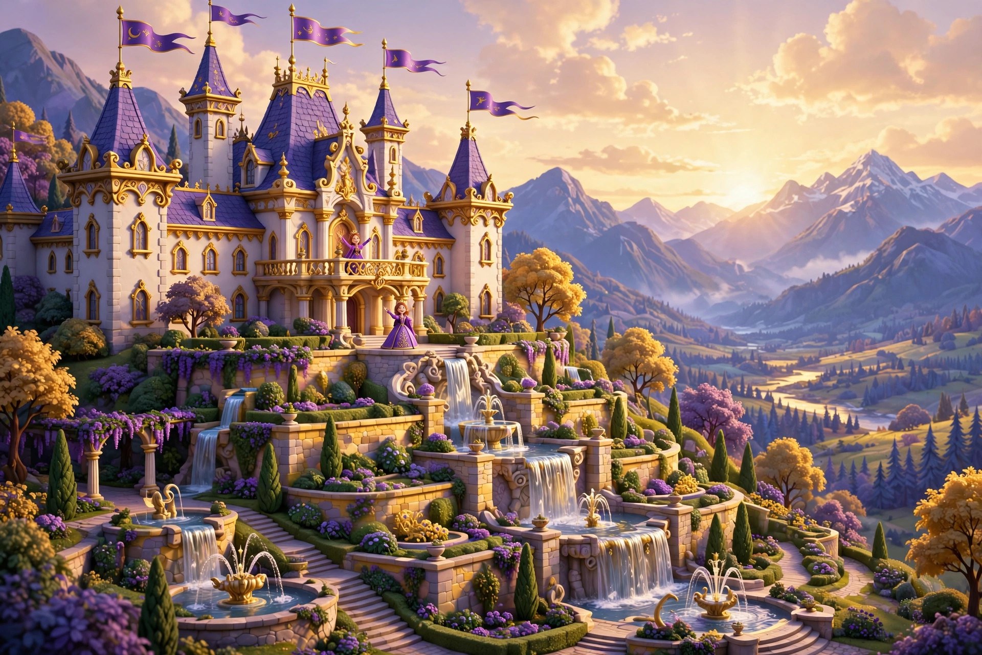 AI-generated storybook panorama of the royal palace at golden hour, the queen waving from the balcony