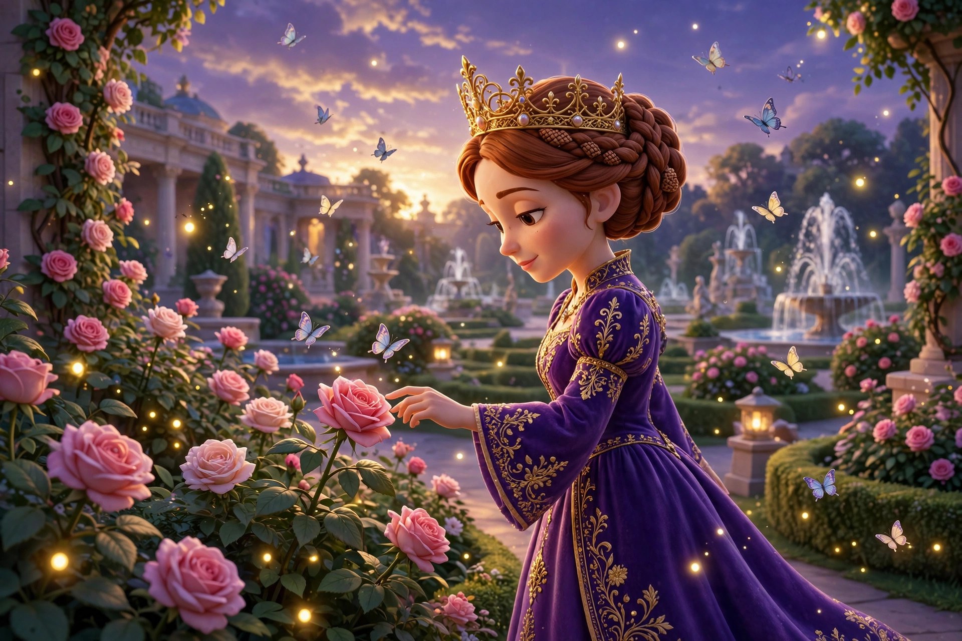 AI-generated storybook illustration of the queen strolling through her rose garden at dusk