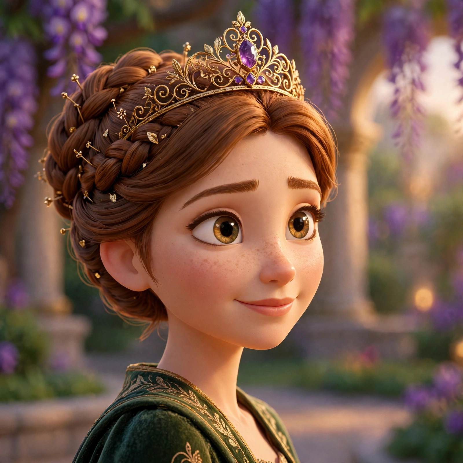 AI-generated storybook portrait of the queen, three-quarter view, wisteria garden behind her