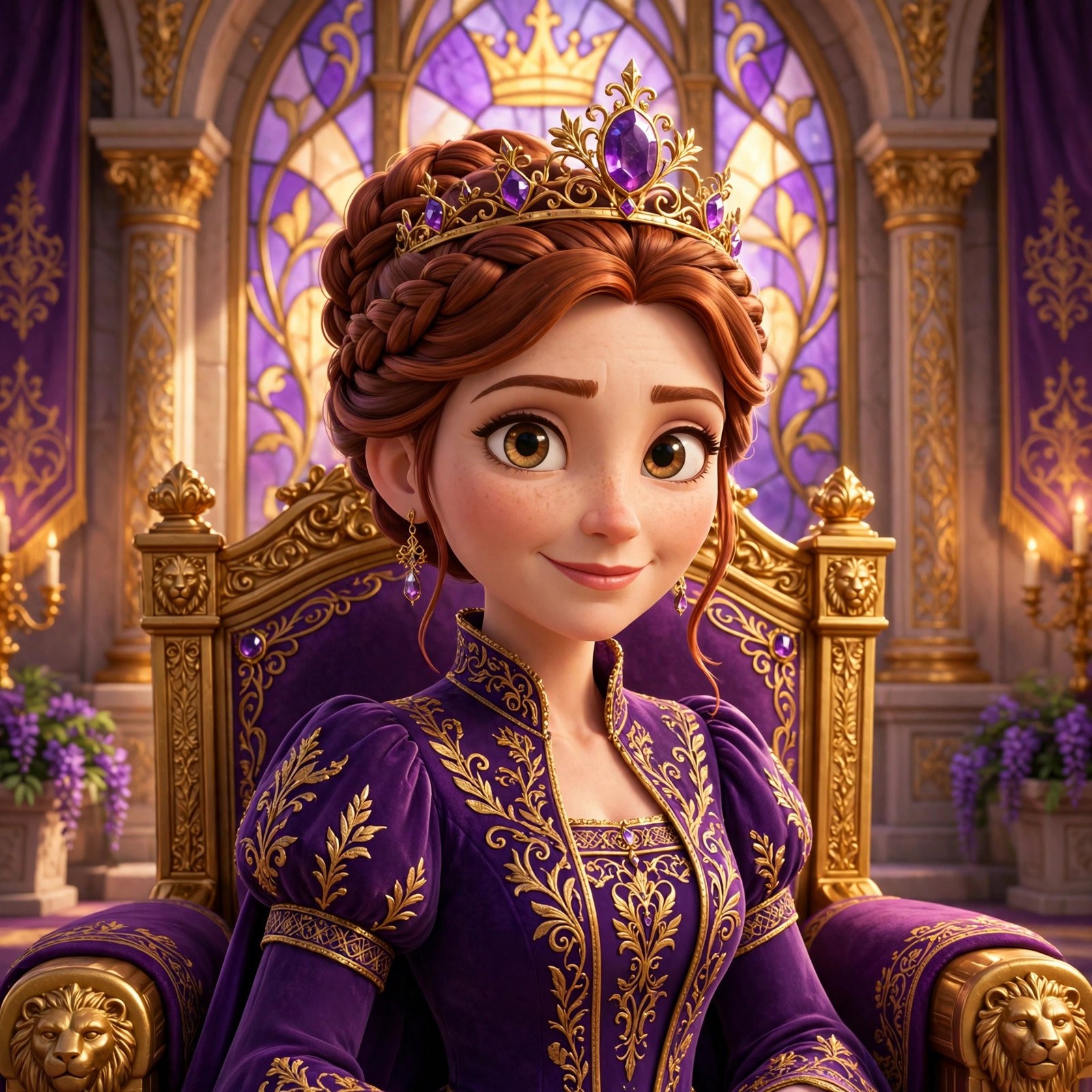 AI-generated storybook illustration of the Royals queen seated on a golden throne in a grand throne room