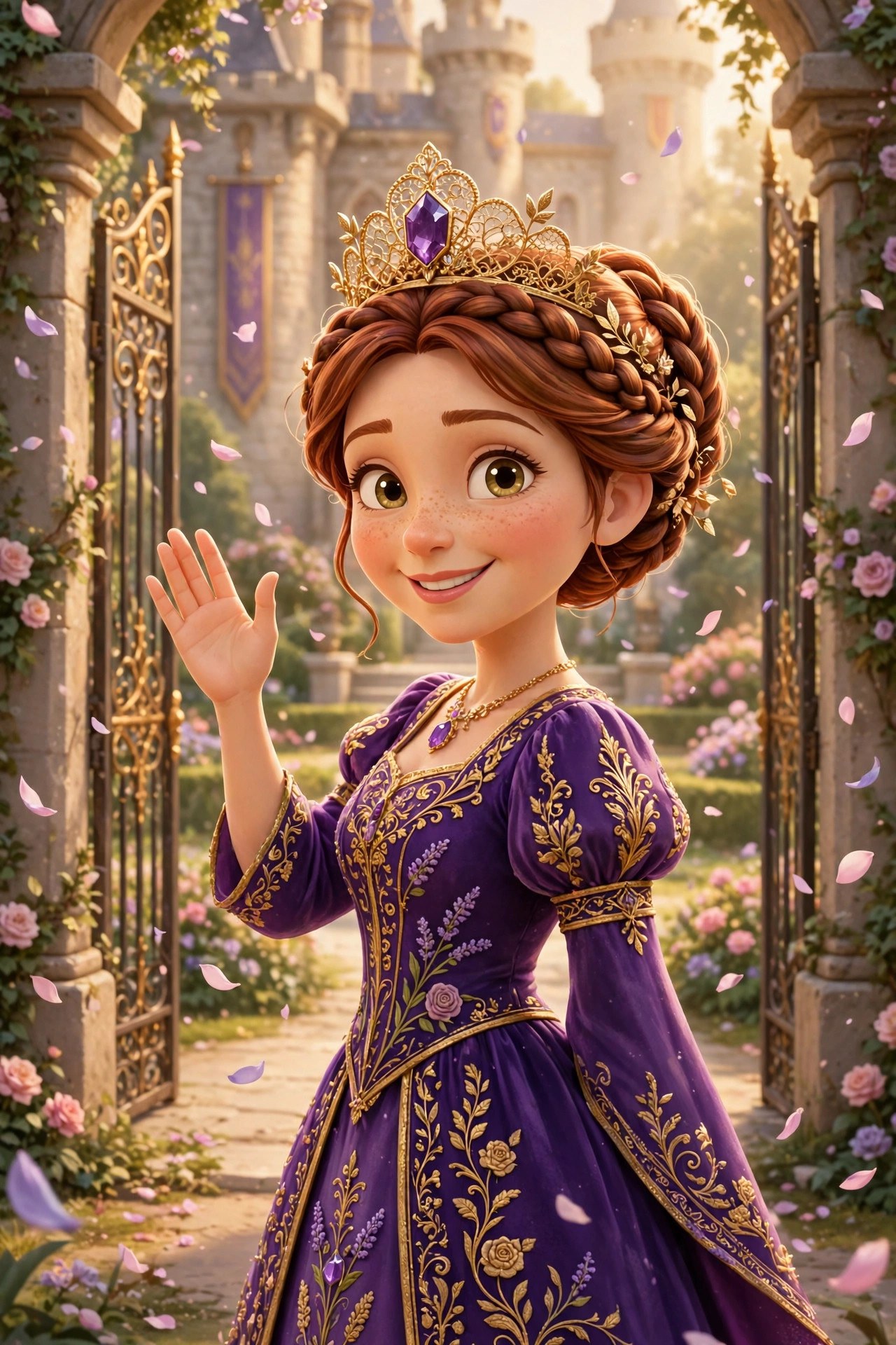 AI-generated storybook illustration of the queen waving hello at the palace gates