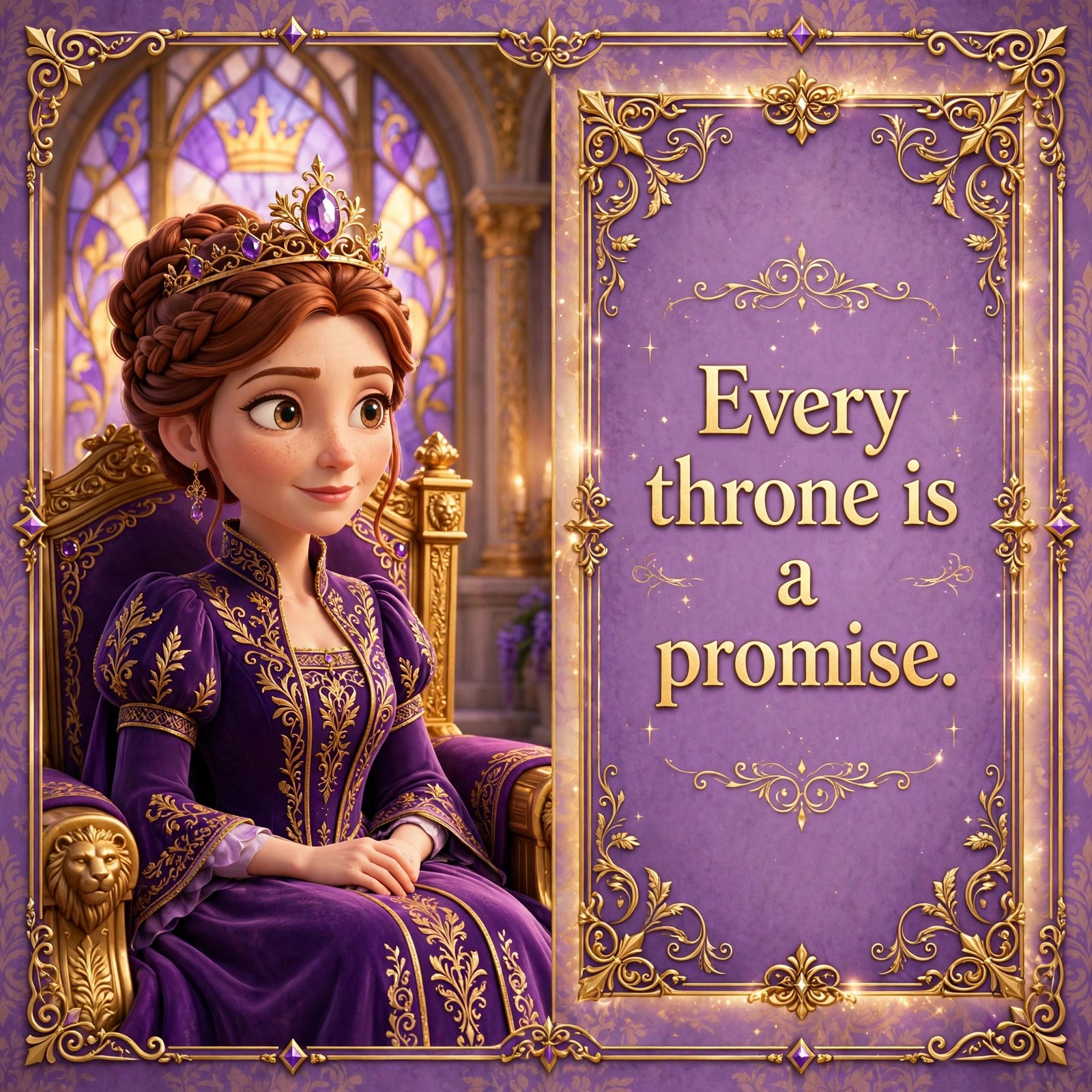 Shareable quote card: the queen with the line 'Every throne is a promise.'