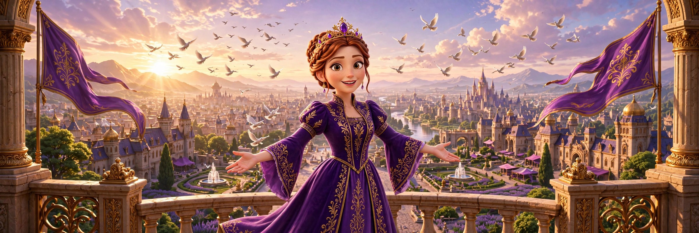 AI-generated storybook banner of the animated queen character before the throne-room windows