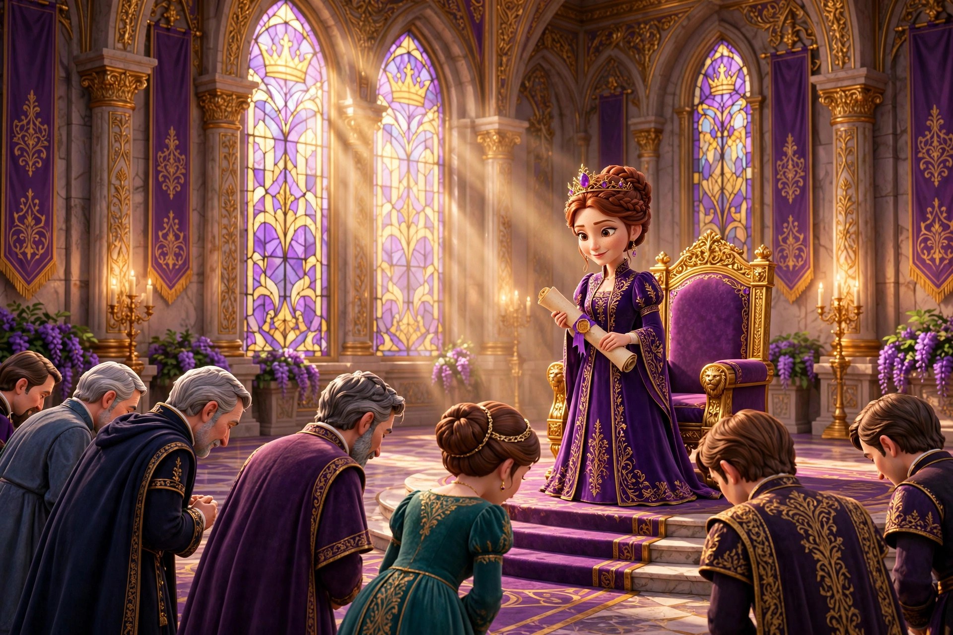 AI-generated storybook illustration of the queen reading a decree before the throne
