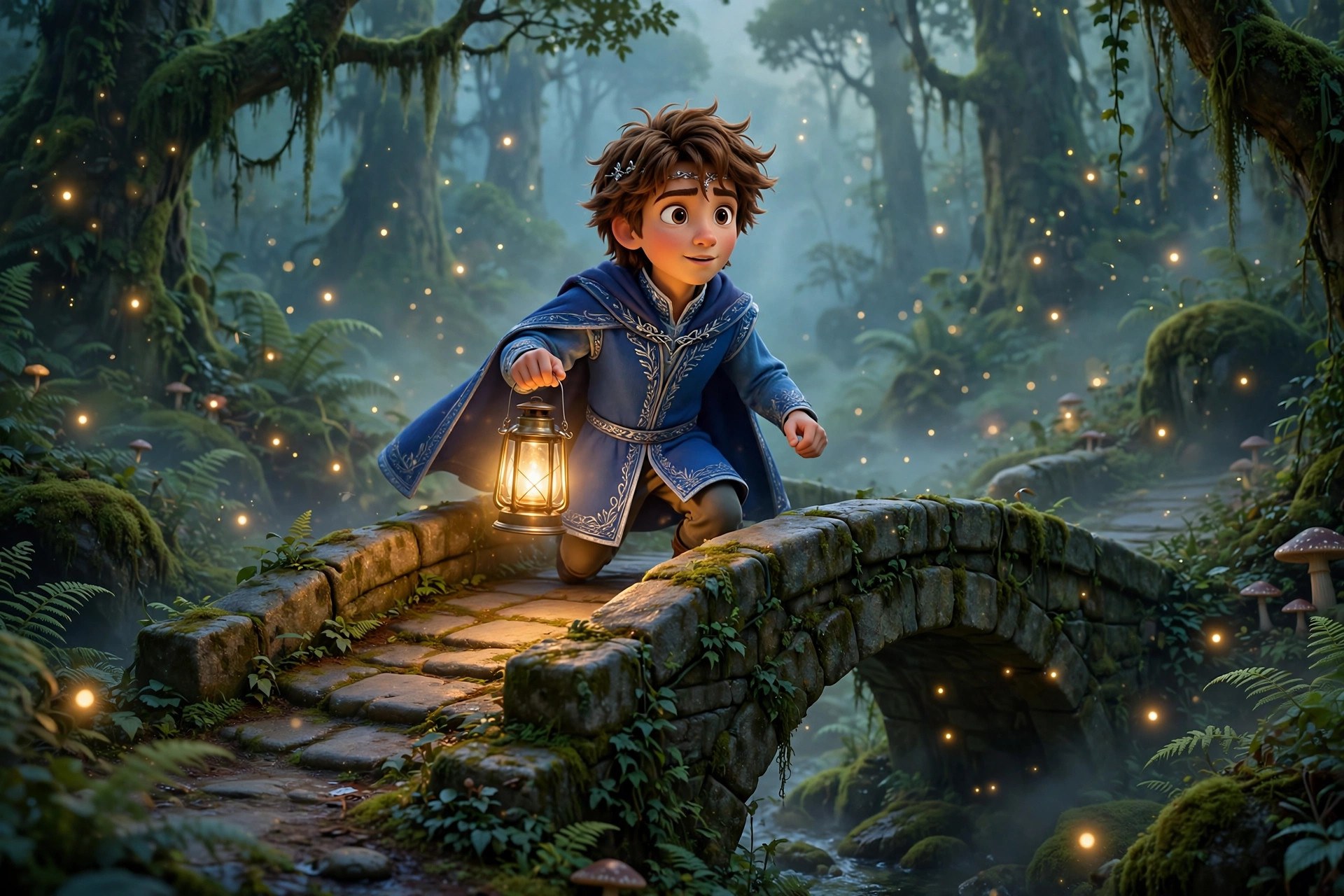 Storybook illustration of Prince Willian crossing an old moss-covered stone bridge in a forest, lantern in hand