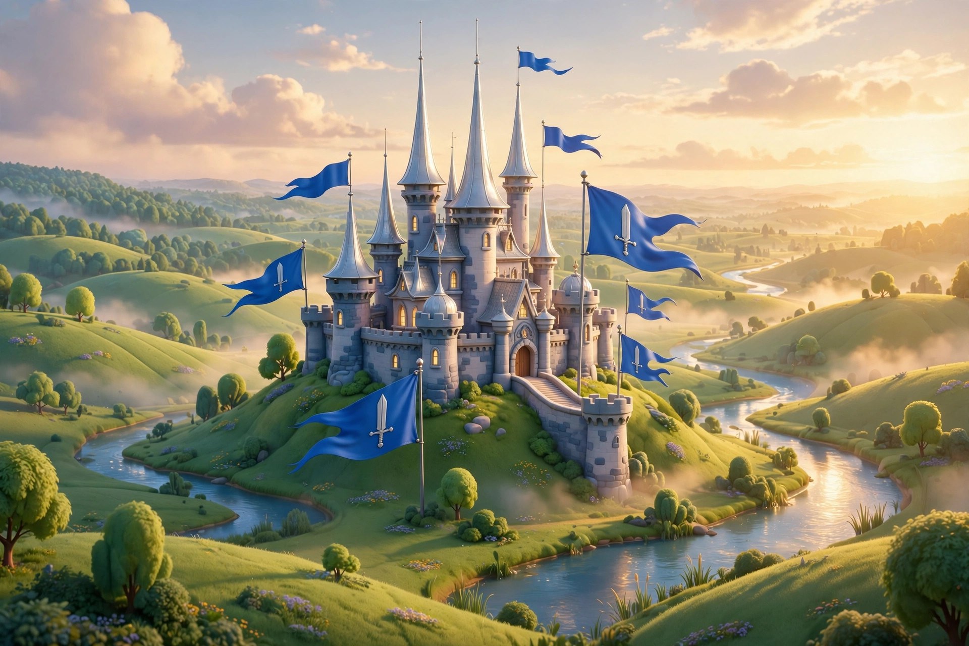 Storybook illustration of Silverkeep Castle at dawn, royal-blue banners flying