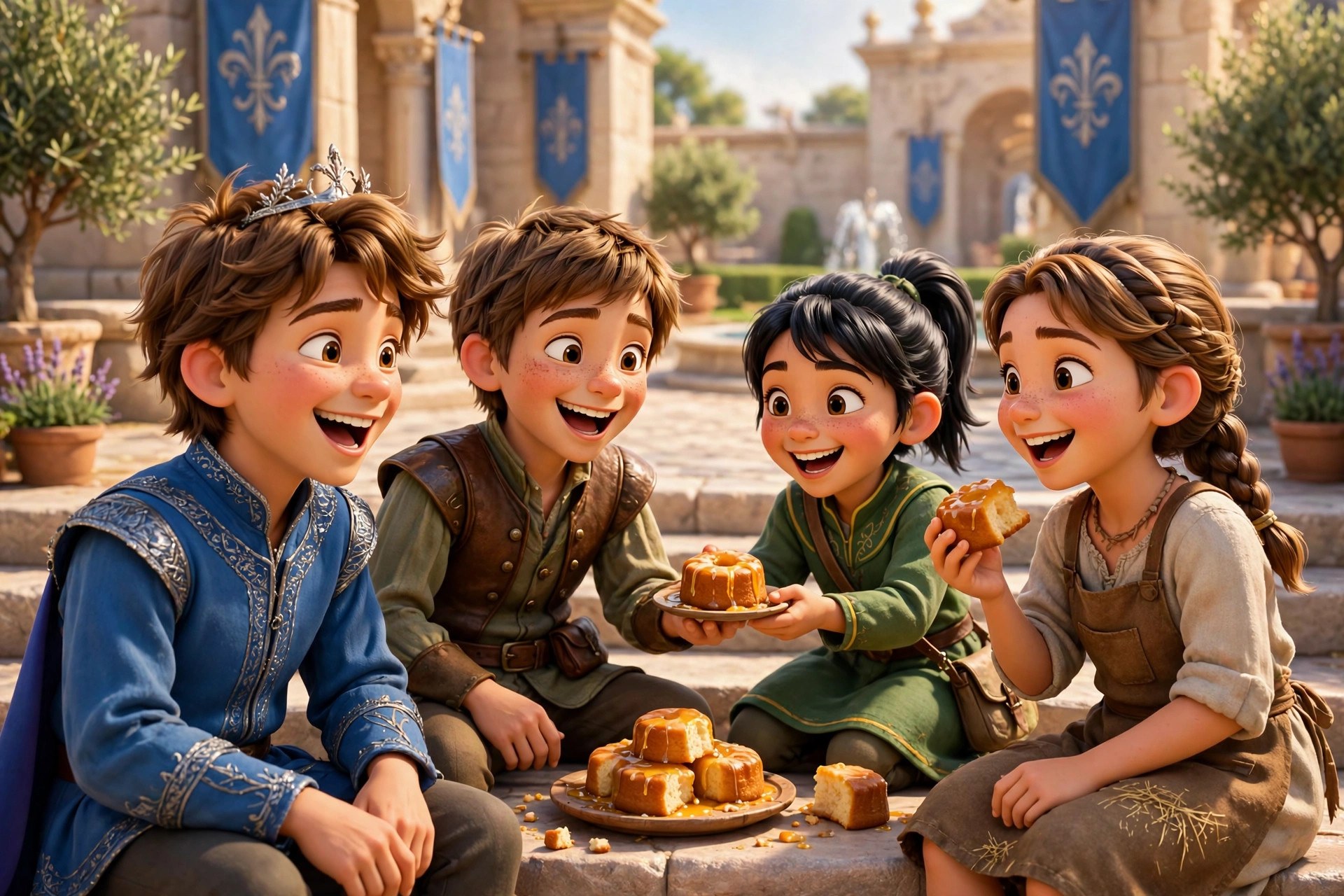 Storybook illustration of Prince Willian with his friends at court
