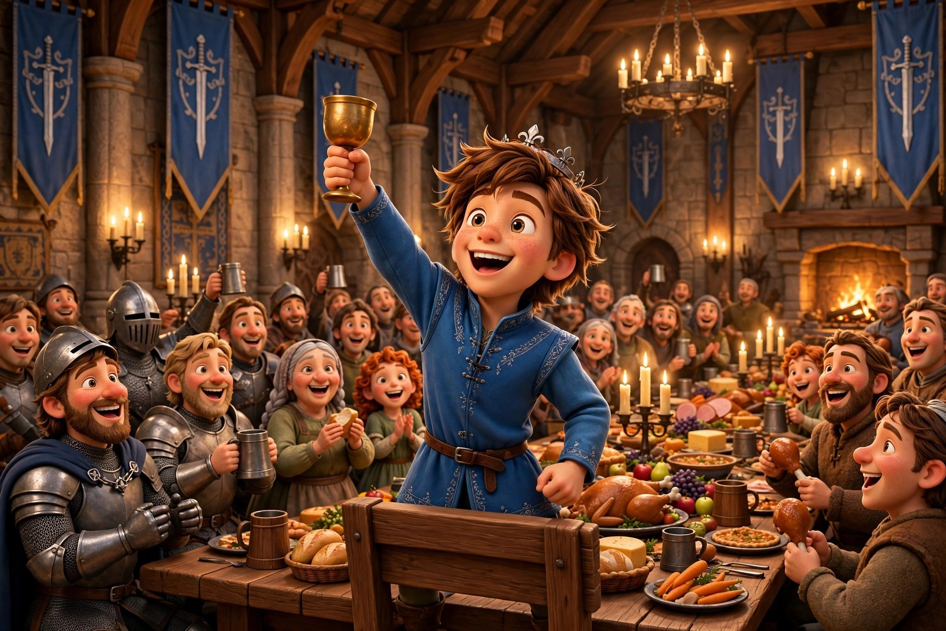 Storybook illustration of a royal feast celebrating in the great hall