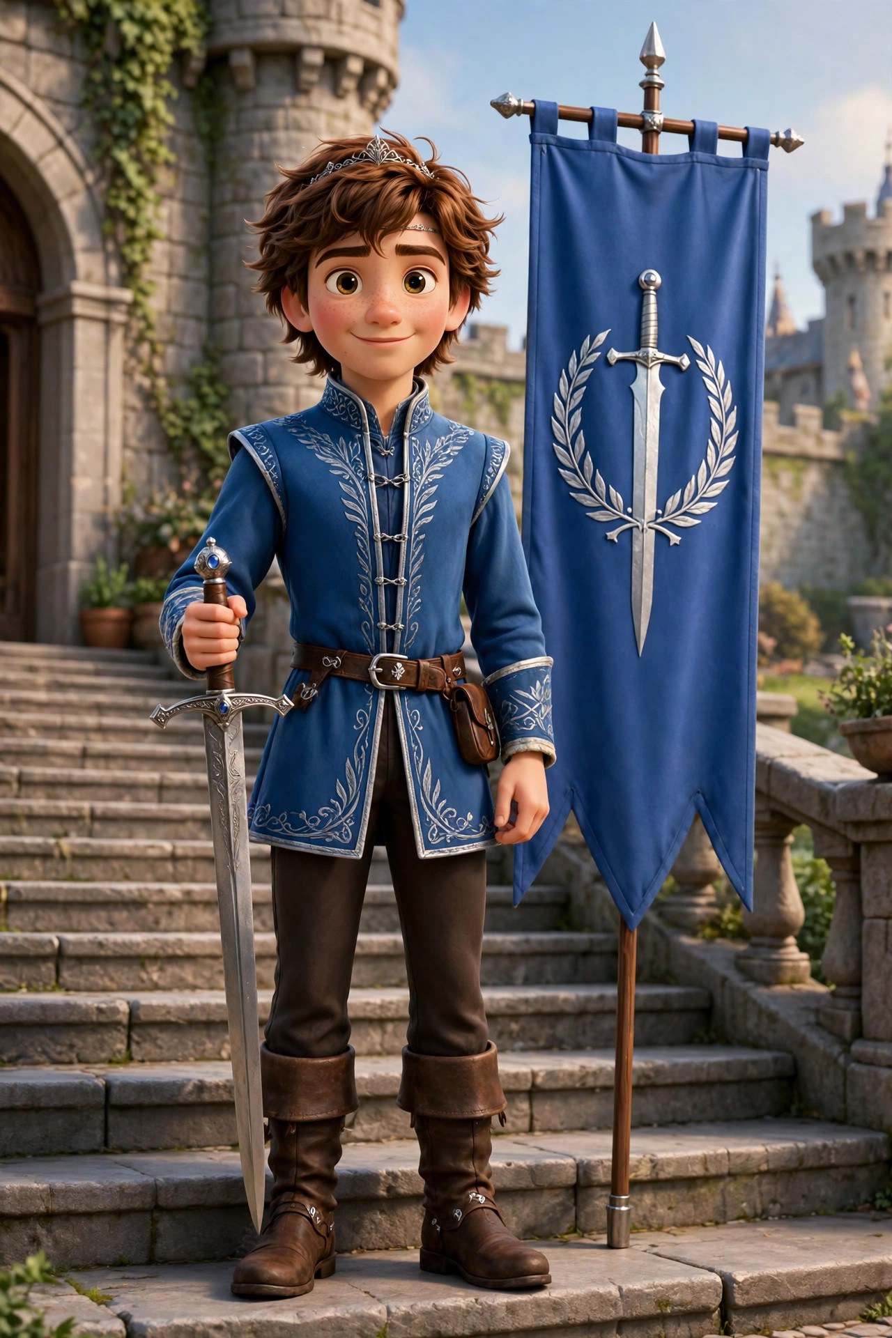 Full-body storybook portrait of Prince Willian with his ceremonial sword beside the royal banner