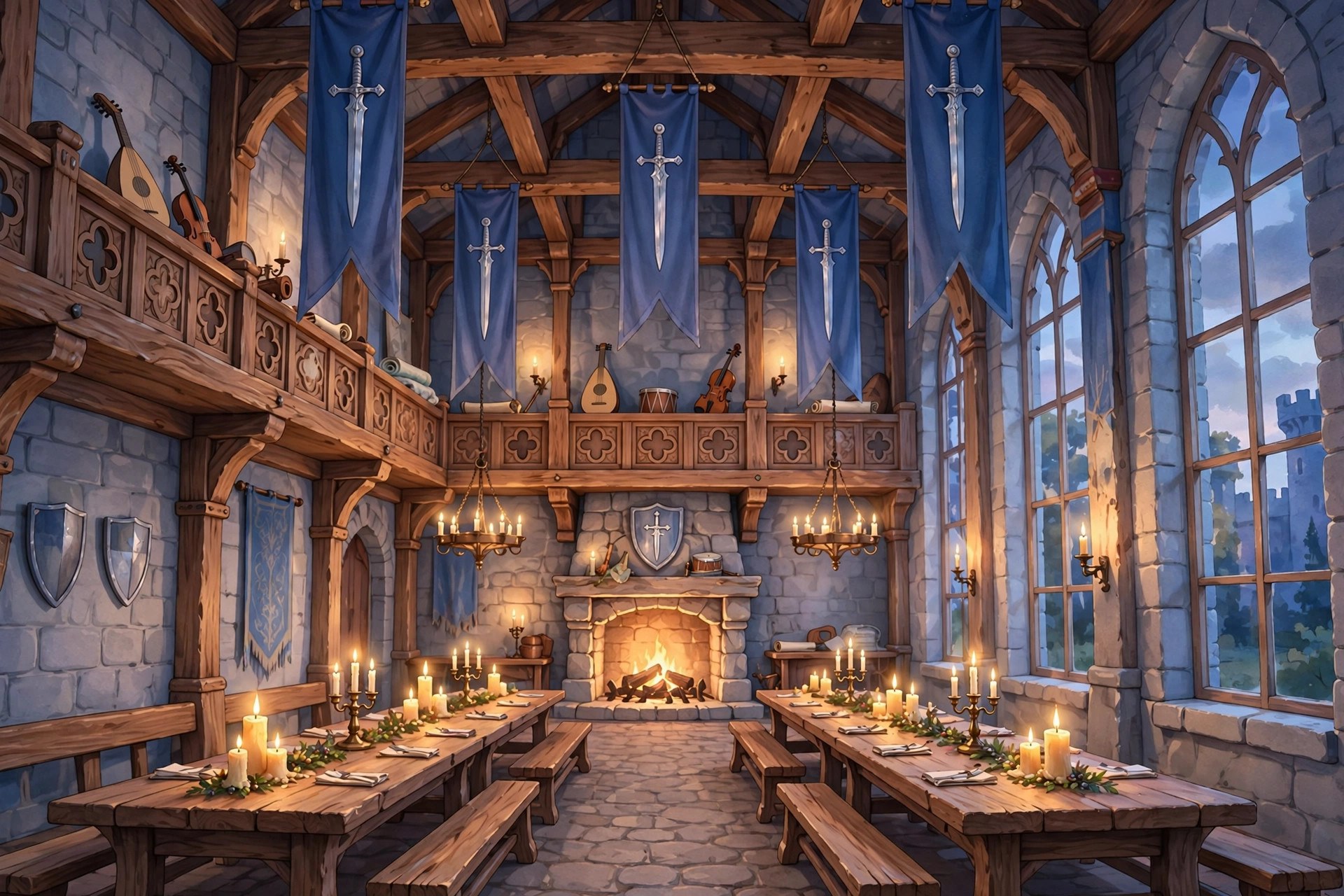 Storybook illustration of the great hall of Silverkeep Palace, long tables and banners