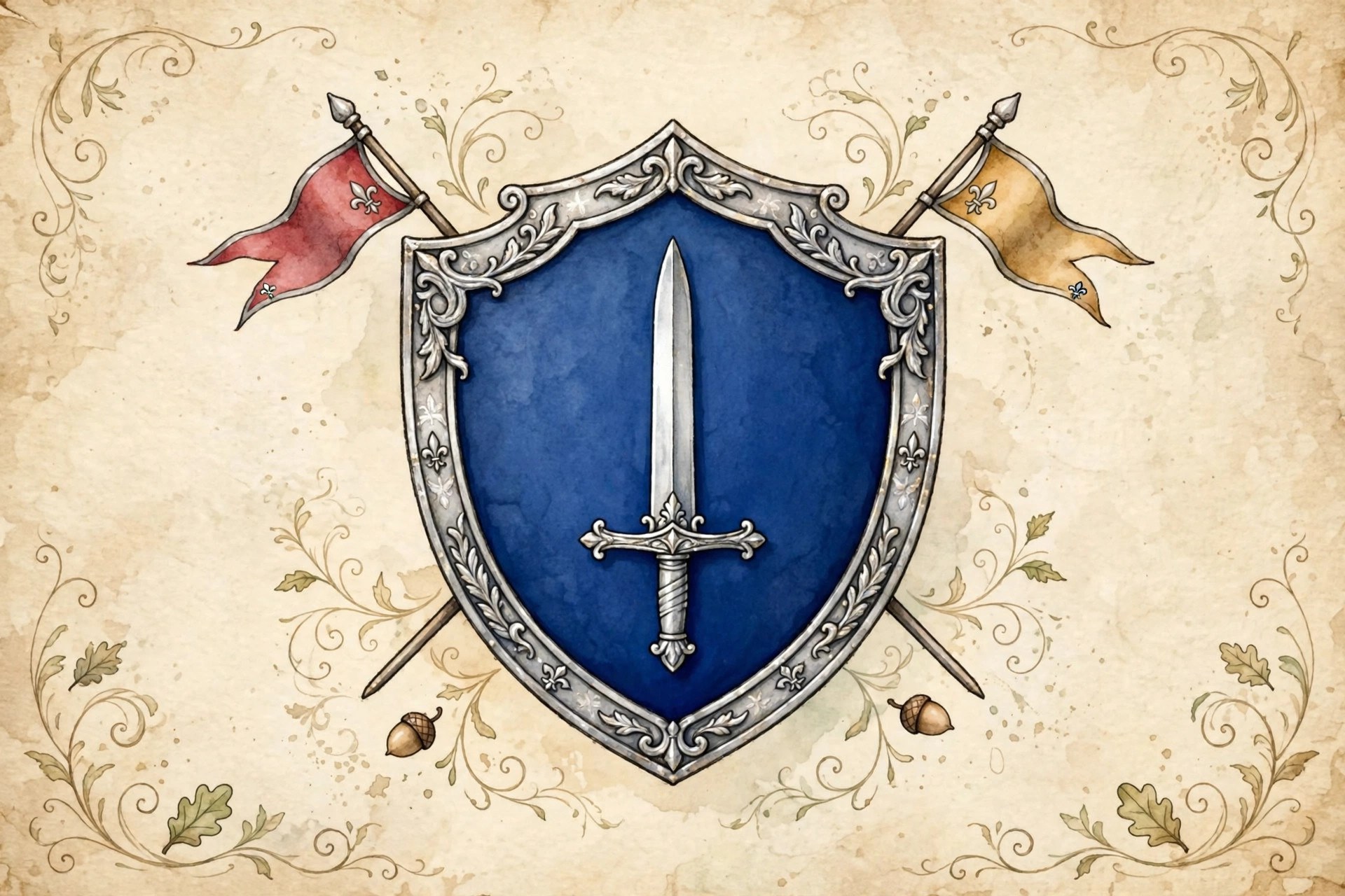 Storybook illustration of a heraldic shield with the silver sword emblem