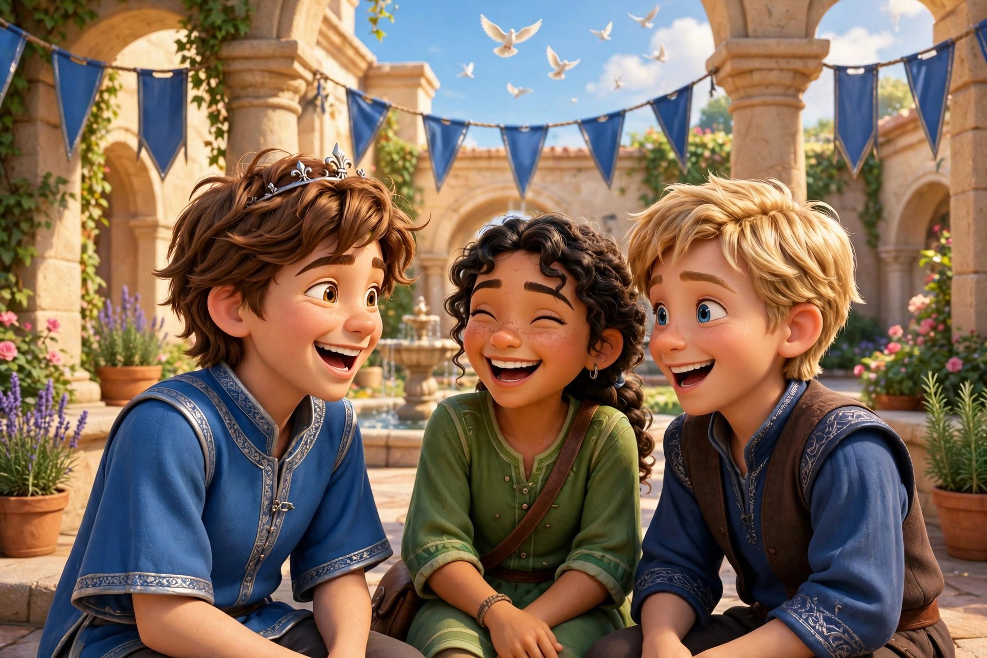 Storybook illustration of Prince Willian laughing with friends in a sunny courtyard