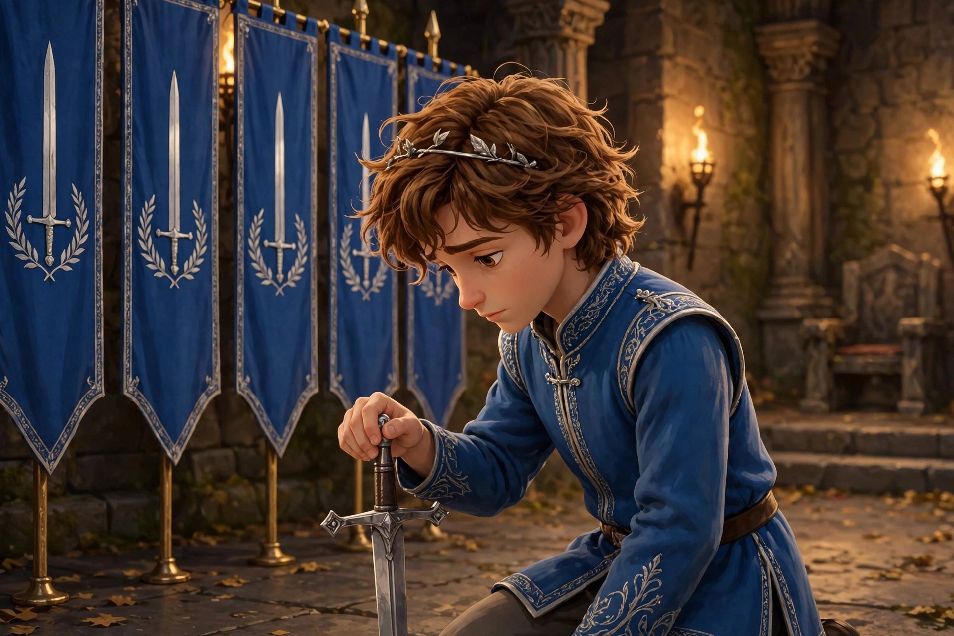 Storybook illustration of Prince Willian taking his oath before the royal banners
