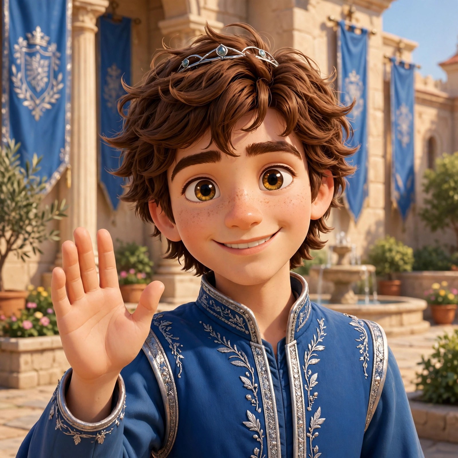 Storybook portrait of Prince Willian waving hello in a sunny palace courtyard