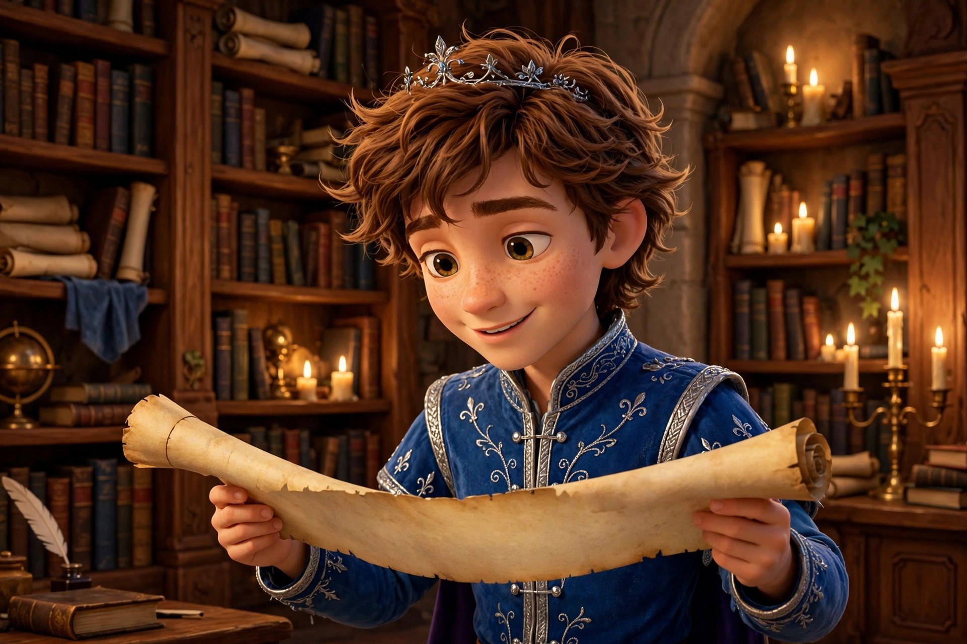 Storybook illustration of Prince Willian reading from a royal scroll