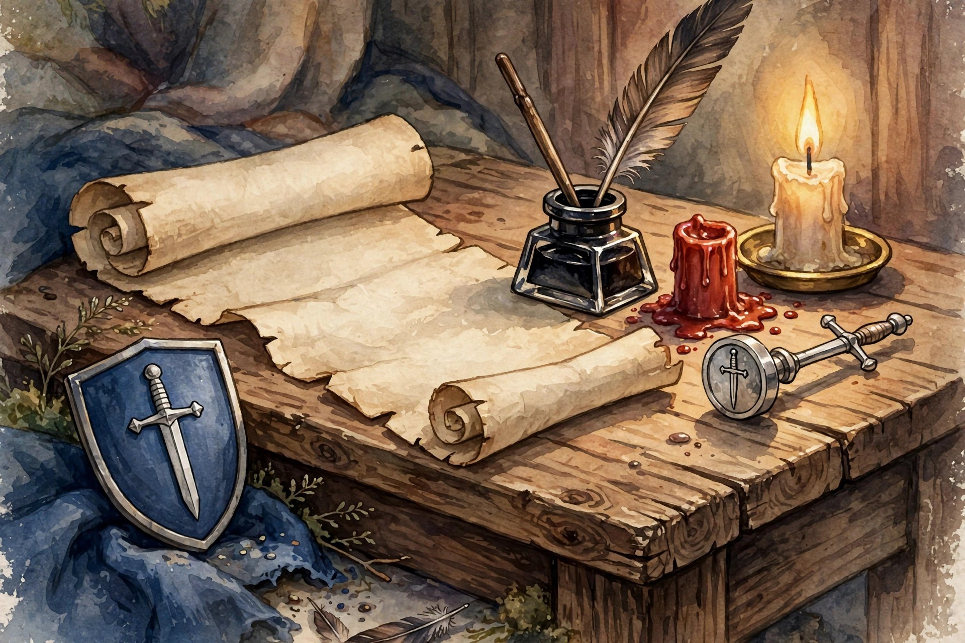 Storybook illustration of a royal scroll and quill on a scribe's desk